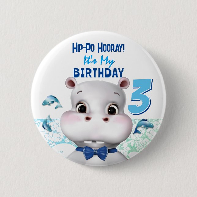 Hippo Blue Fish Boy Geburtstag Button (Vorderseite)