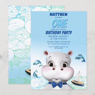 Hippo Blue Fish Boy Geburtstag Einladung