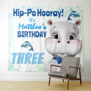 Hippo Blue Fish Boy Geburtstag Hintergrund Wandteppich