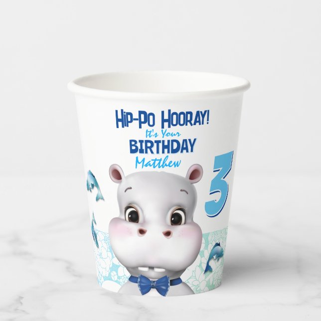 Hippo Blue Fish Boy Geburtstag Pappbecher (Vorderseite)