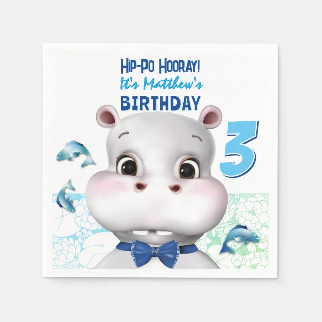 Hippo Blue Fish Boy Geburtstag Serviette (Vorderseite)