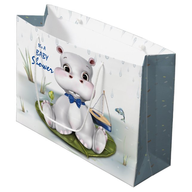 Hippo Boy Baby Dusche Große Geschenktüte (Vorderseite Schrägansicht)