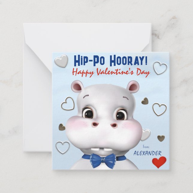Hippo Boy Blue Klassenzimmer Valentinstag Mitteilungskarte (Vorderseite)
