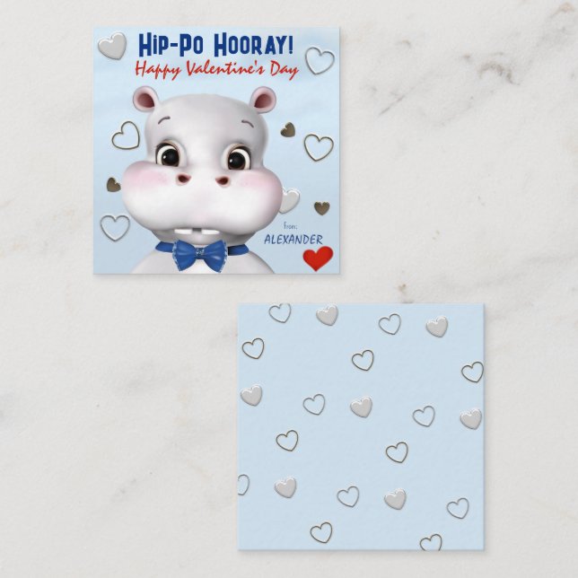 Hippo Boy Blue Klassenzimmer Valentinstag Mitteilungskarte (Vorne/Hinten)
