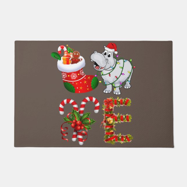 Hippo Christmas Lights Sonnige Weihnachtsmannmütze Fußmatte (Vorderseite)