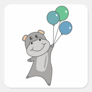 Hippo fliegt mit Balloons süße Tiere für Quadratischer Aufkleber