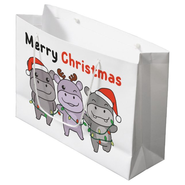 Hippo Frohe Weihnachten Niedliche Hunde Urlaub Große Geschenktüte (Vorderseite Schrägansicht)