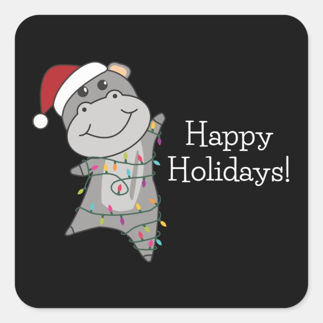 Hippo Frohe Weihnachts Winter Tiere Hippos Quadratischer Aufkleber (Vorderseite)