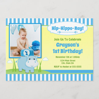 Hippo Geburtstagseinladung, Blue Hippo Boy Einladung