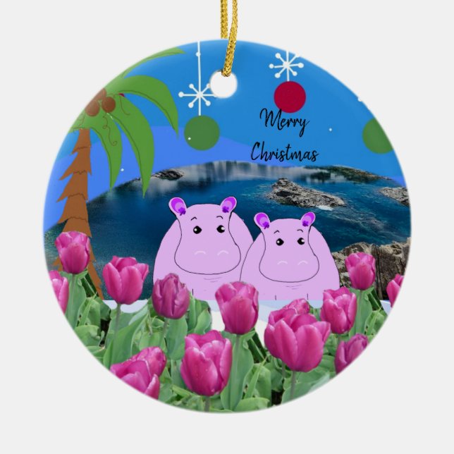 Hippo Glück Weihnachts-Ornament Keramik Ornament (Vorne)