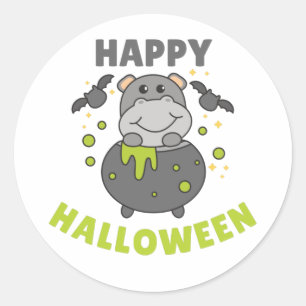 Hippo Happy Halloween Cauldron Bat Classic Runde S Runder Aufkleber