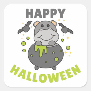Hippo Happy Halloween Cauldron Bat Square Sticker