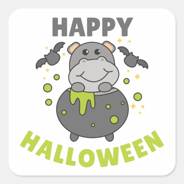 Hippo Happy Halloween Cauldron Bat Square Sticker (Vorderseite)