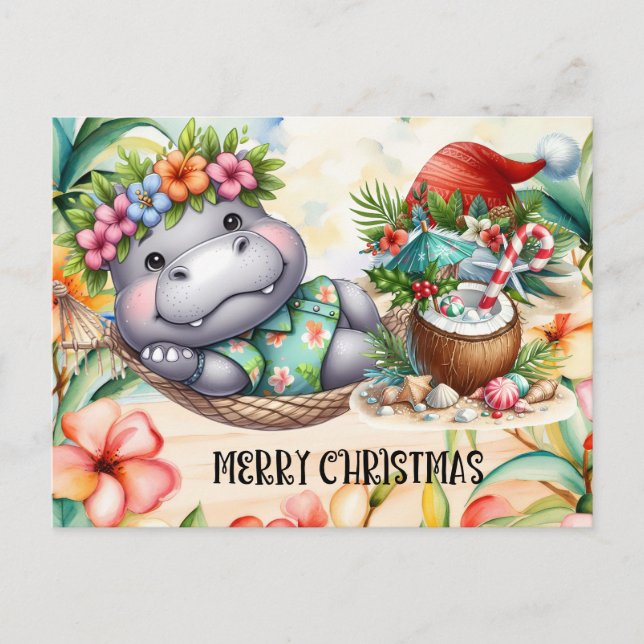 Hippo Hawaii Weihnachtsgrüßen Feiertagspostkarte (Vorderseite)
