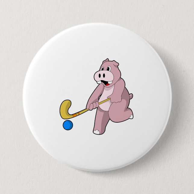 Hippo im Hockey mit Hockey-Schläger Button (Vorderseite)