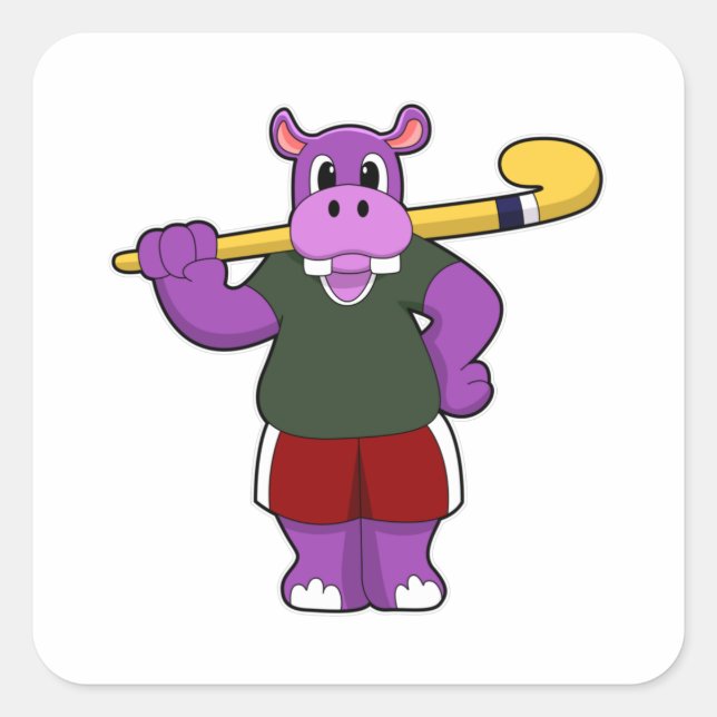 Hippo im Hockey mit Hockey-Schläger Quadratischer Aufkleber (Vorderseite)