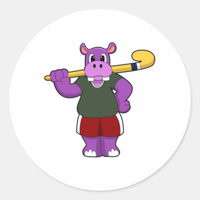 Hippo im Hockey mit Hockey-Schläger Runder Aufkleber (Vorderseite)