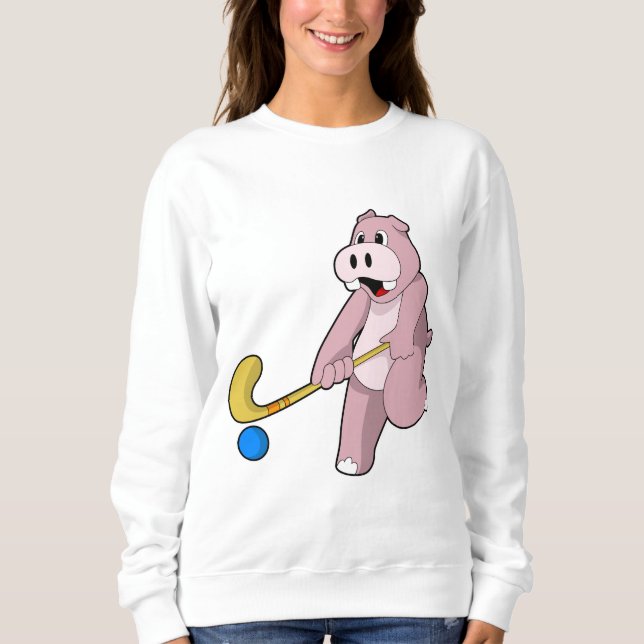 Hippo im Hockey mit Hockey-Schläger Sweatshirt (Vorderseite)