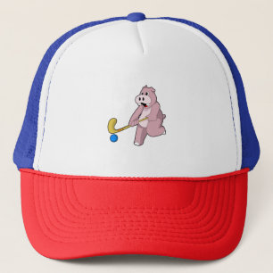 Hippo im Hockey mit Hockey-Schläger Truckerkappe