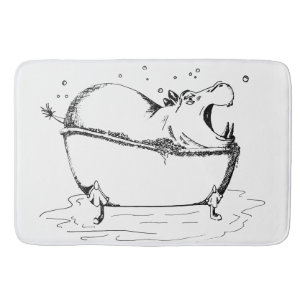 Hippo in Bath Fun Illustration Schwarz Badematte