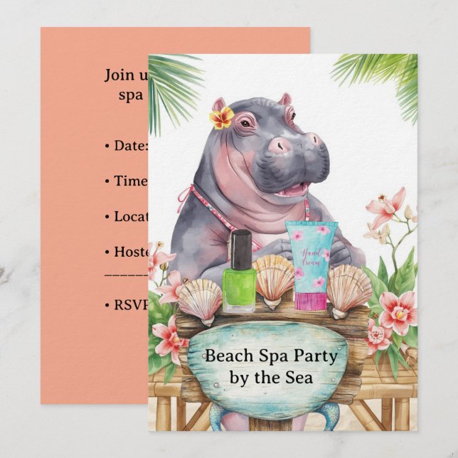  Hippo in Bikini Manicure Coastal Beauty beach spa Einladung (Vorne/Hinten)