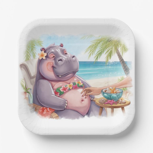 Hippo in bikini relax by the beach  pappteller (Vorderseite)