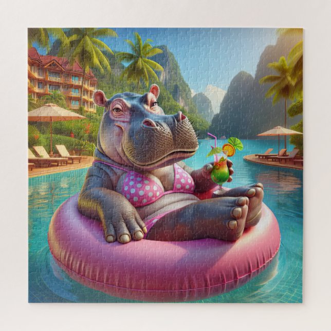 Hippo in einem Pool mit Cocktailgetränk (Vertikal)