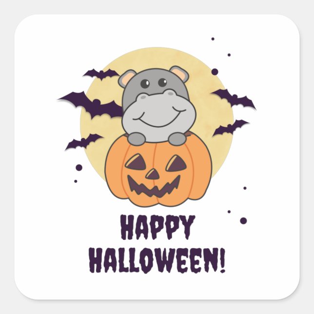 Hippo In Pumpkin Sweet Hippos Happy Halloween Quadratischer Aufkleber (Vorderseite)