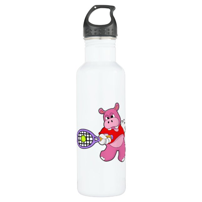 Hippo in Tennis mit Tennisschläger Edelstahlflasche (Vorderseite)