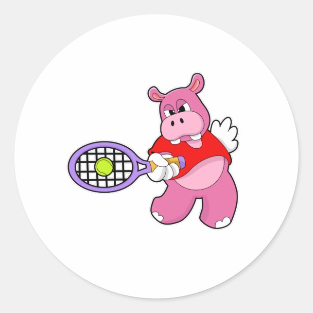 Hippo in Tennis mit Tennisschläger Runder Aufkleber (Vorderseite)