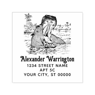 Hippo in Water Jaws Wide Open Name Rücksendeadress Permastempel