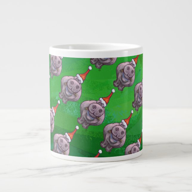 Hippo in Weihnachtsmannmütze Muster auf Grün Jumbo-Tasse (Vorderseite)