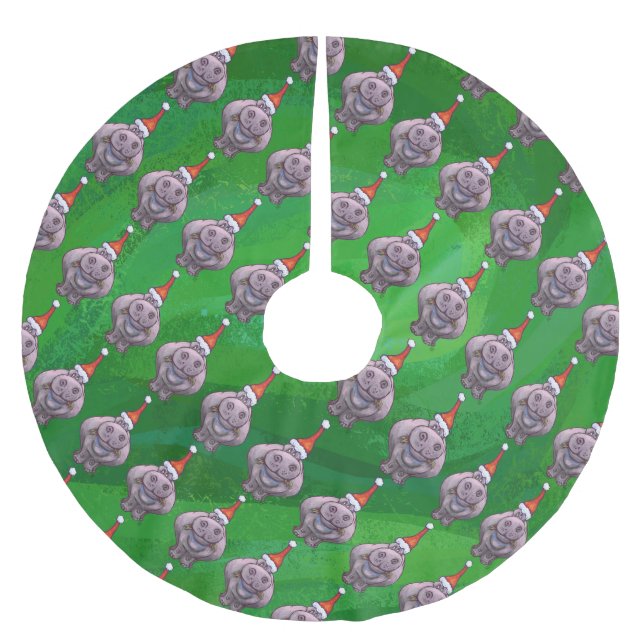 Hippo in Weihnachtsmannmütze Muster auf Grün Polyester Weihnachtsbaumdecke (Vorderseite)