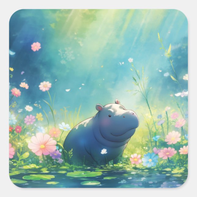 Hippo Magical Pond Meadow Quadratischer Aufkleber (Vorderseite)