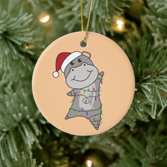 Hippo Merry Christmas Winter Animals Hippos Adult Keramik Ornament (Baum)