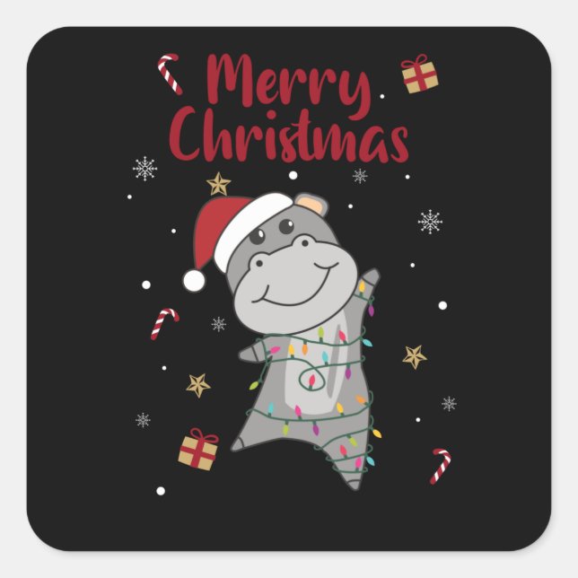 Hippo Merry Christmas Winter Animals Hippos Quadratischer Aufkleber (Vorderseite)