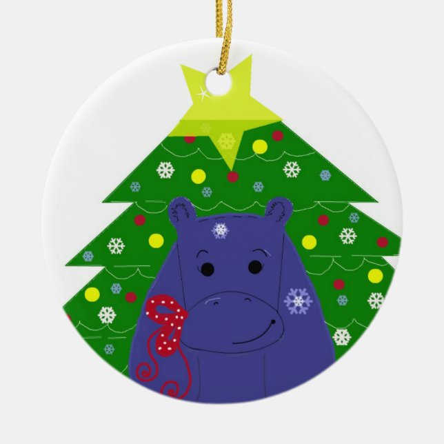 Hippo mit einem Weihnachtsbaum Keramik Ornament (Vorne)
