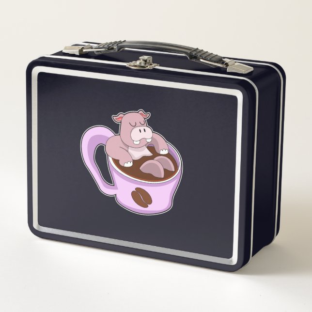 Hippo mit Kaffee-Cup Metall Brotdose (Vorderseite)
