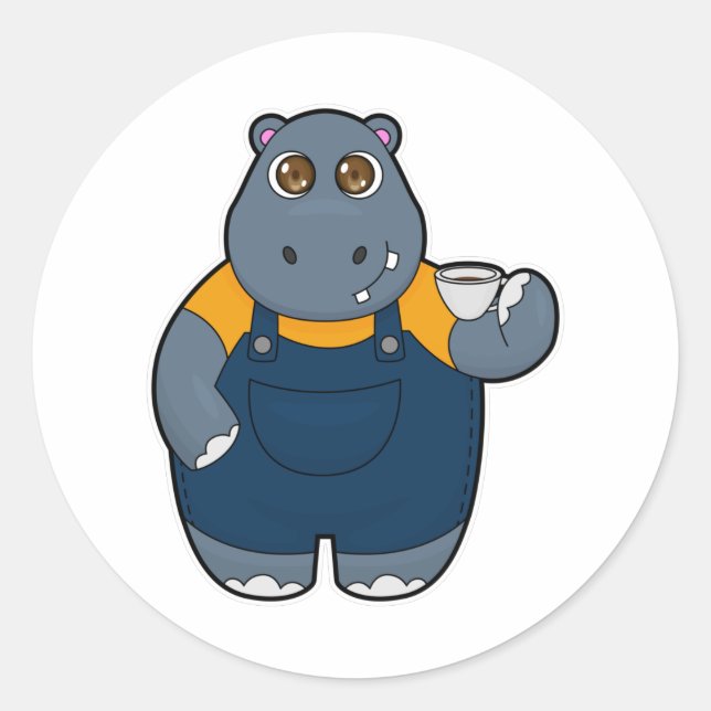 Hippo mit Kaffee-Cup Runder Aufkleber (Vorderseite)