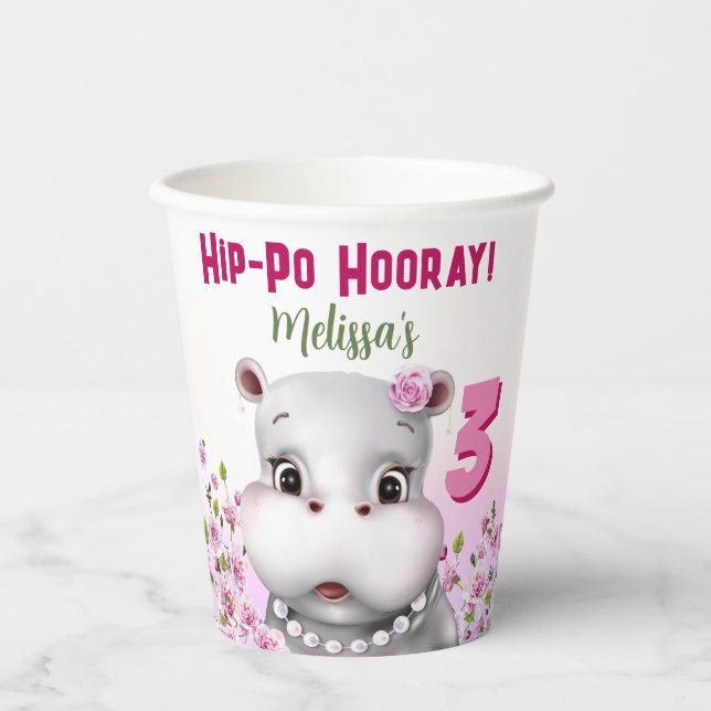 Hippo Pink Floral Girl Geburtstag Pappbecher (Vorderseite)