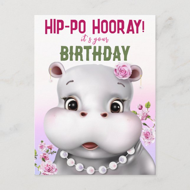 Hippo Pink Floral Girl Geburtstag Postkarte (Vorderseite)