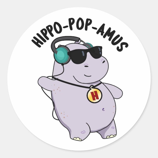 Hippo-Pop-amus Funny Pop Musik Hippo Pun Runder Aufkleber (Vorderseite)