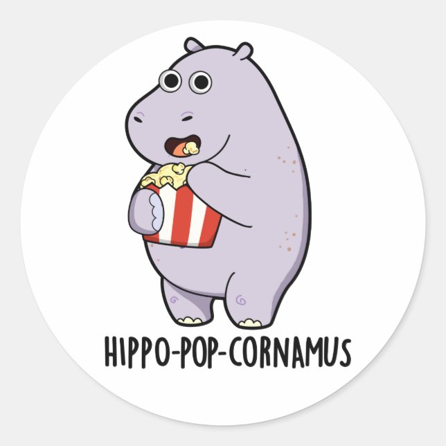 Hippo-Pop-cornamus Funny Hippo Pun Runder Aufkleber (Vorderseite)