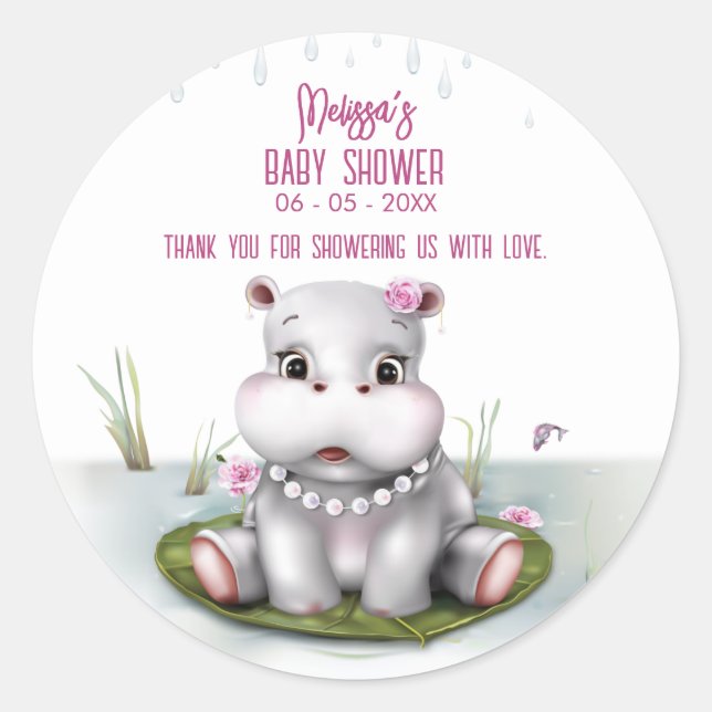 Hippo River Adventure Girl Baby Shower Runder Aufkleber (Vorderseite)