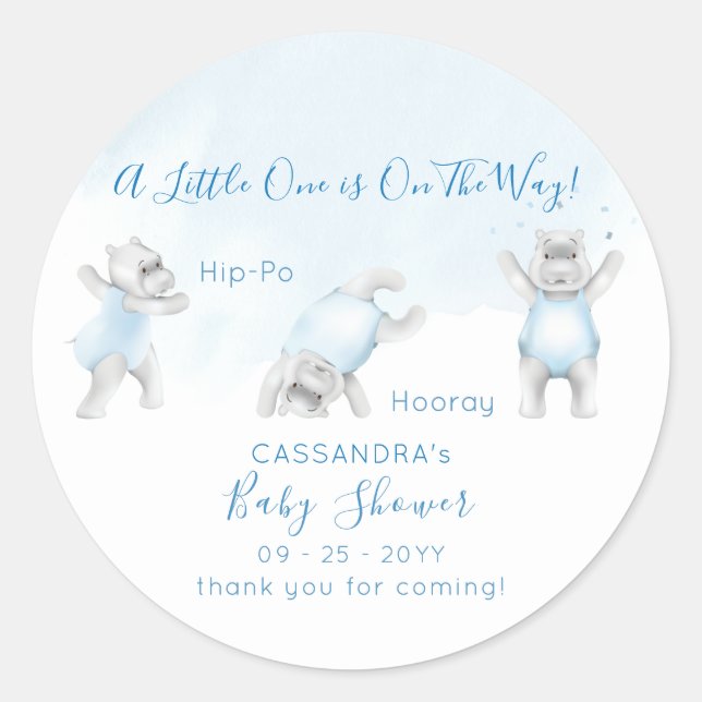 Hippo Somersault Baby Boy Shower Runder Aufkleber (Vorderseite)