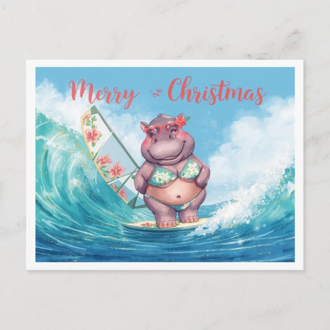 Hippo Surfer on Surf Board on Christmas Holiday  Postkarte (Vorderseite)