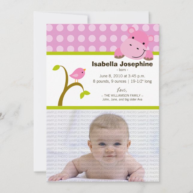 Hippo und Birdie Baby Birth Announcement (pink) Ankündigung (Vorderseite)
