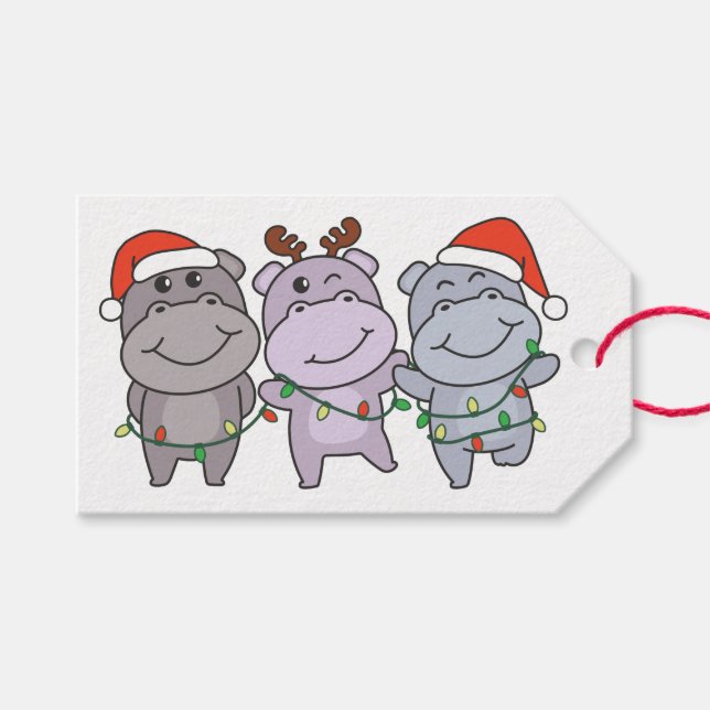Hippo Weihnachtstiere Niedlich Hippos Holiday Geschenkanhänger (Vorderseite (Horizontal))