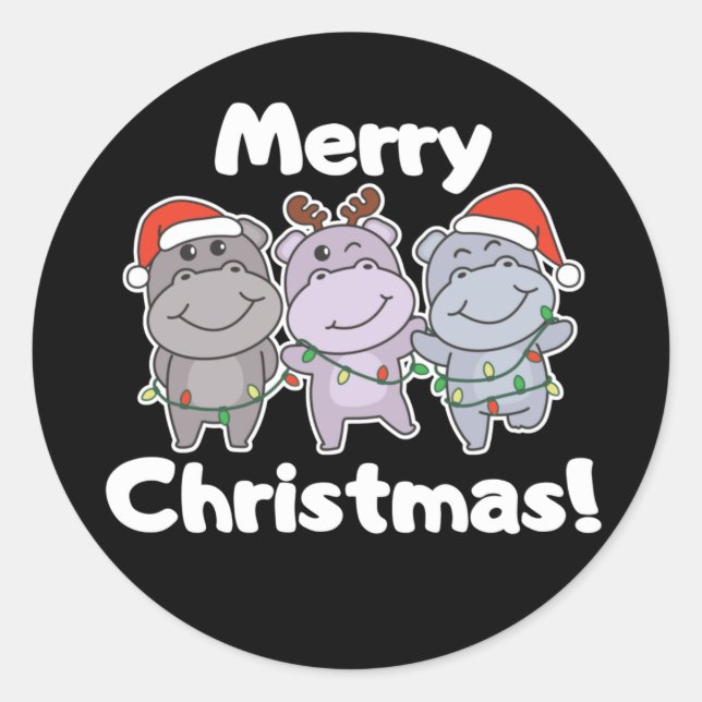 Hippo Weihnachtstiere Niedlich Hippos Merry Classi Runder Aufkleber (Vorderseite)