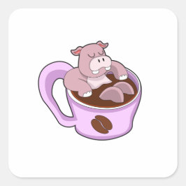Hippo with Cup of Coffee Quadratischer Aufkleber